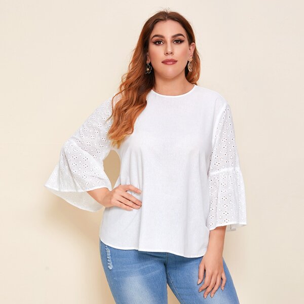 

Plus Keyhole Back Schiffy Flounce Sleeve Top, White