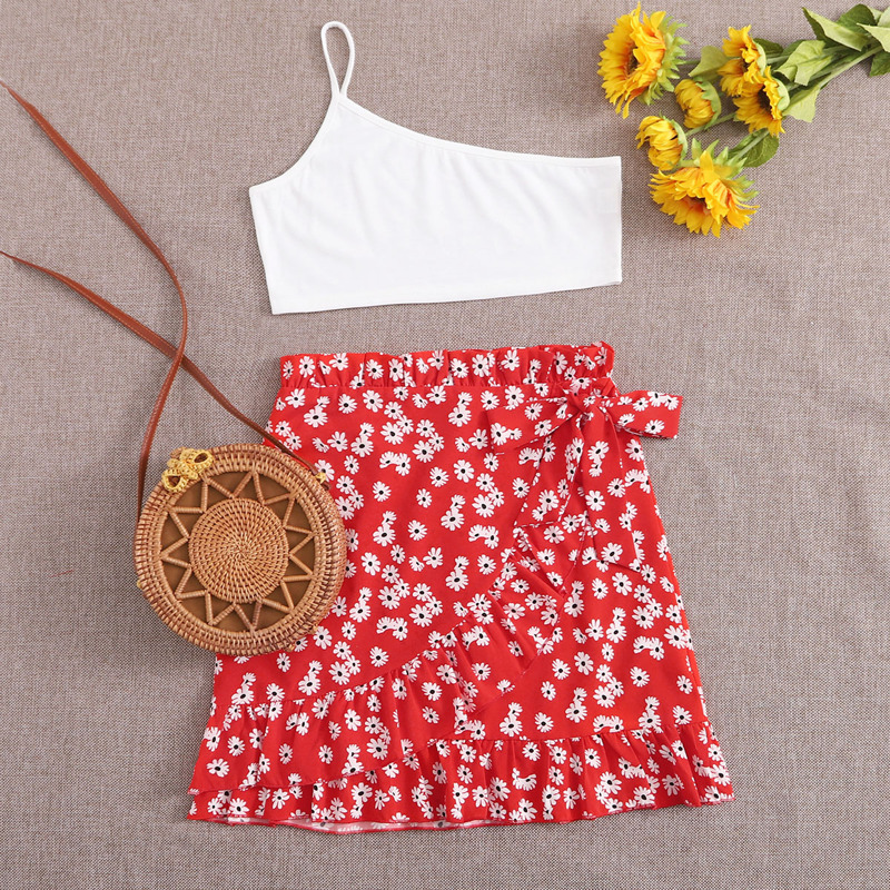 

One Shoulder Top & Ditsy Floral Wrap Skirt, Red and white