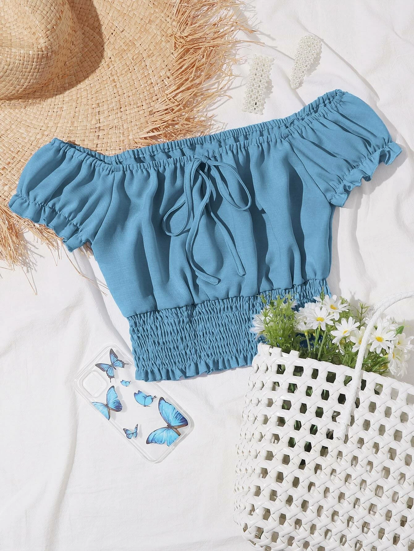 shirred ruffle hem bardot top