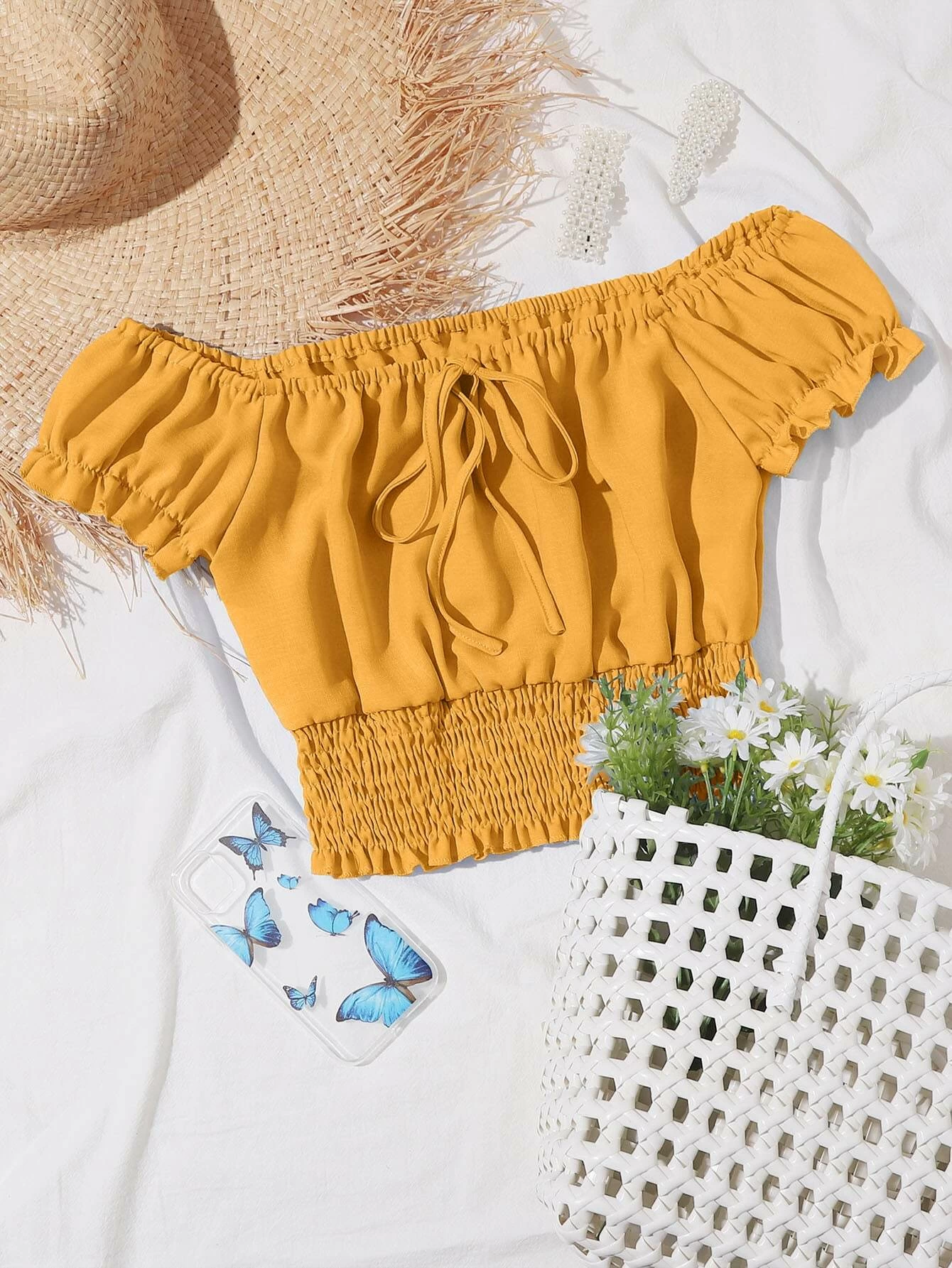 shirred ruffle hem bardot top