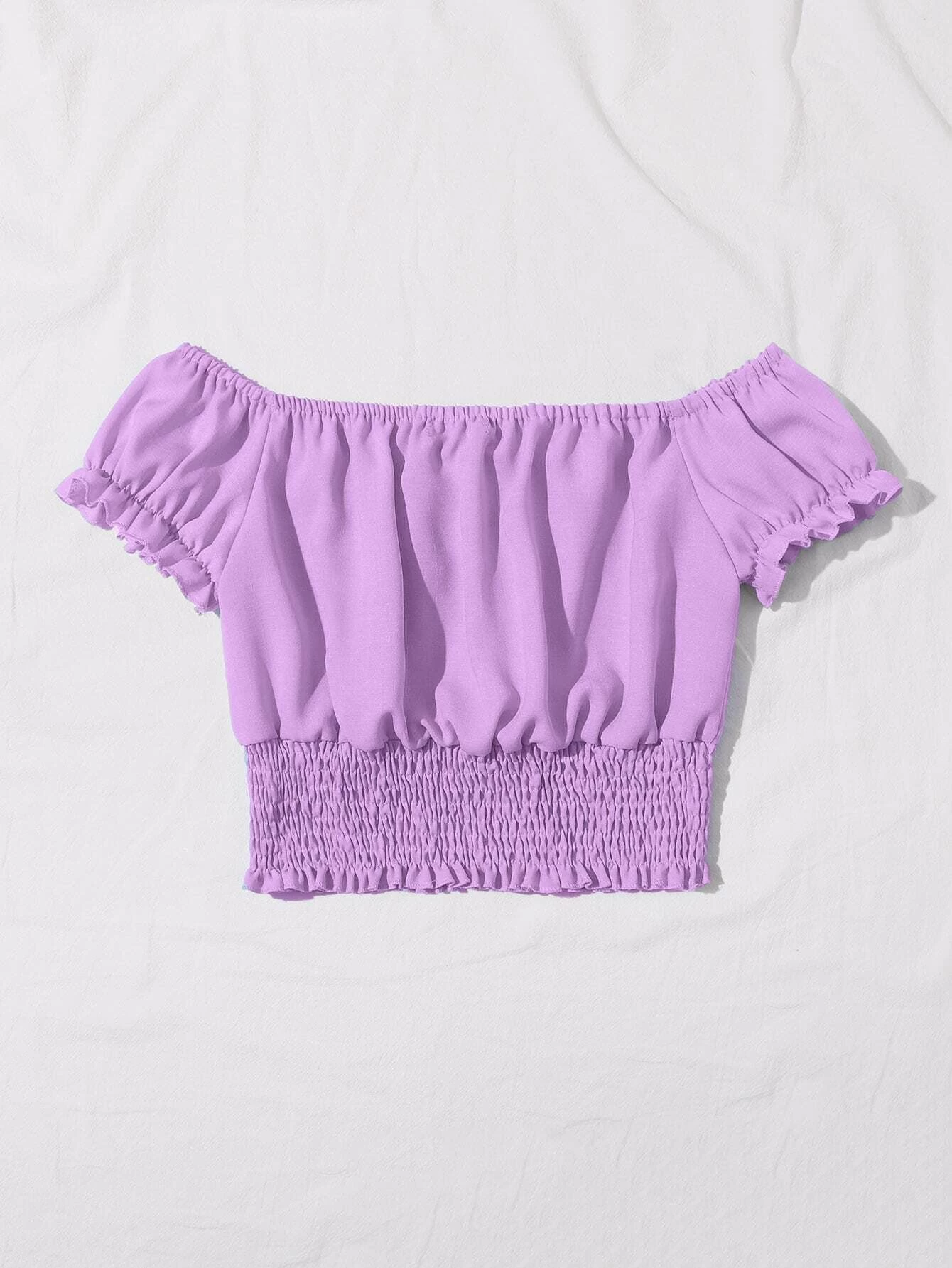 shirred ruffle hem bardot top