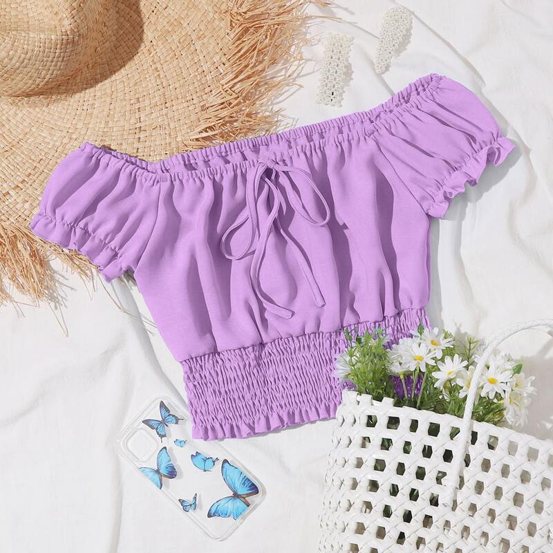 

Tie Front Ruffle Cuff Shirred Hem Bardot Top, Lilac purple