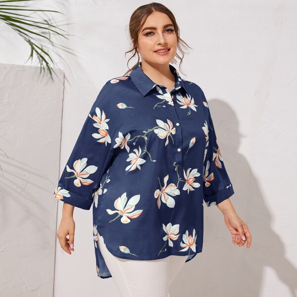 

Plus Button Front Curved Hem Floral Print Top, Navy blue