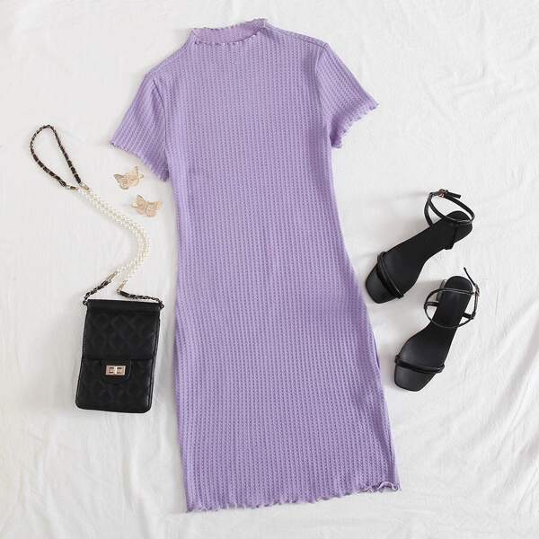 

Lettuce Trim Waffle Knit Bodycon Dress, Purple