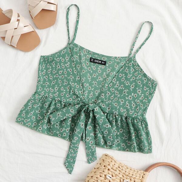 

Daisy Print Tie Front Peplum Cami Top, Green