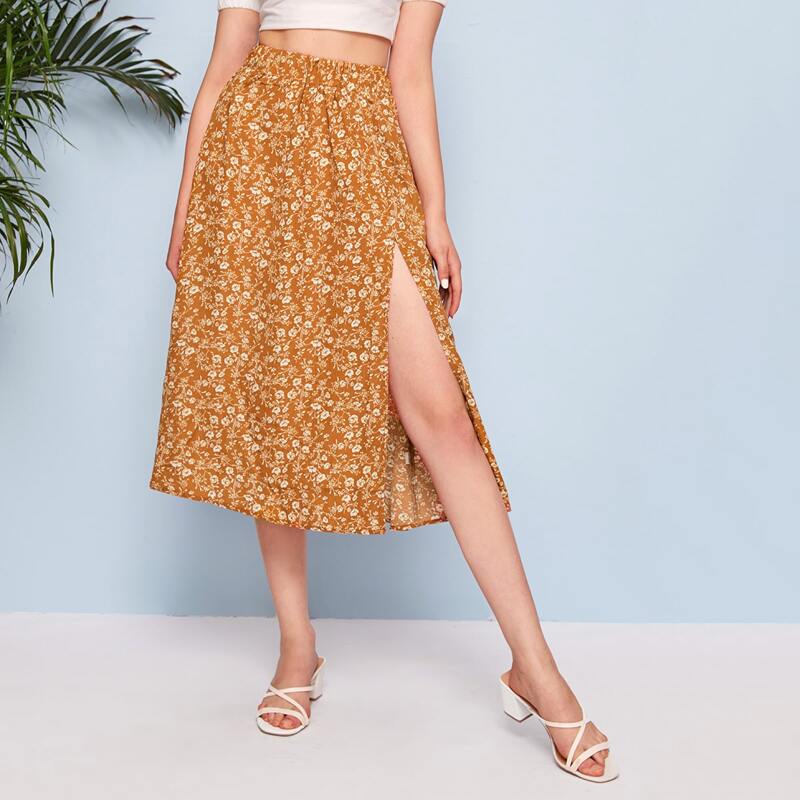 

Ditsy Floral Split Thigh Skirt, Mustard yellow
