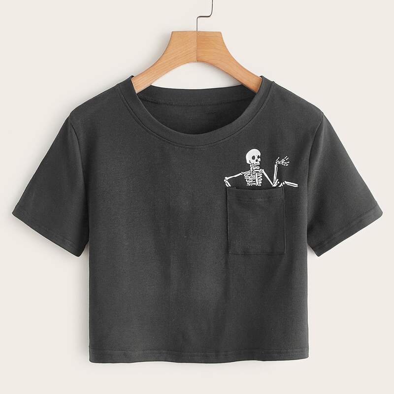 

Skull Graphic Pocket Front Tee, Dark grey