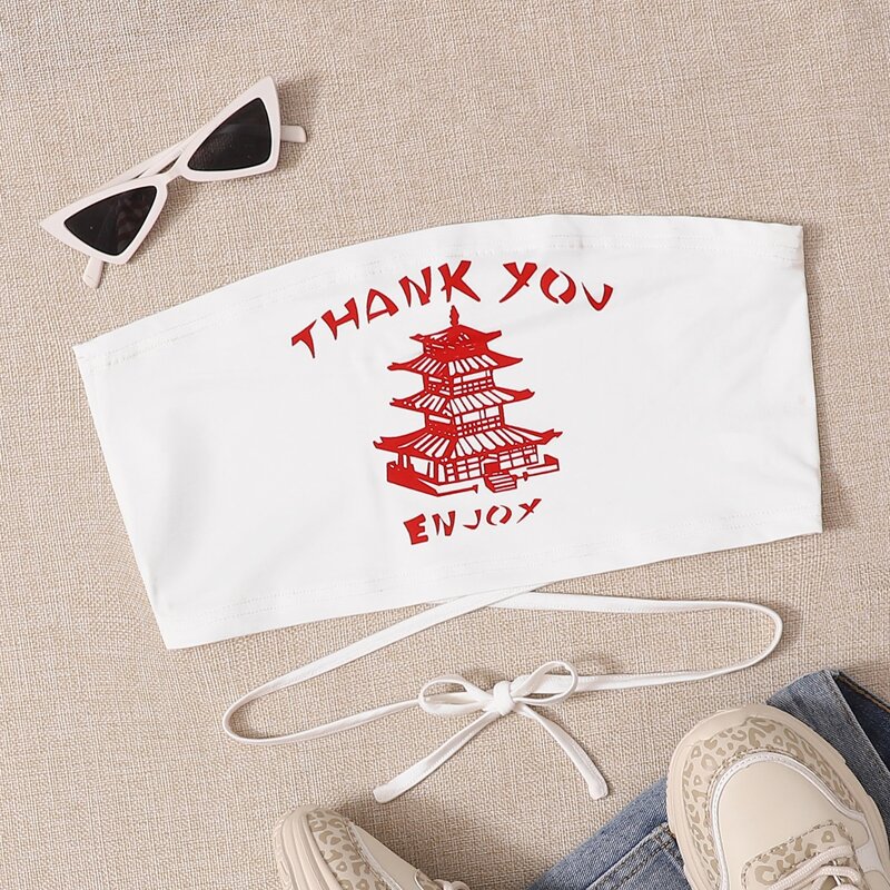 

Slogan Graphic Lace Up Tube Top, White