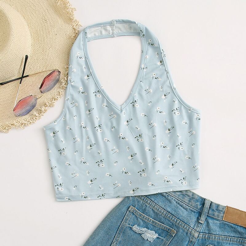 

Ditsy Floral Crop Halter Top, Baby blue