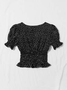 Breezaya Tie Front Frill Trim Shirred Polka Dot Top - Black - View 2