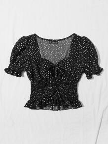 Breezaya Tie Front Frill Trim Shirred Polka Dot Top - Black - View 4