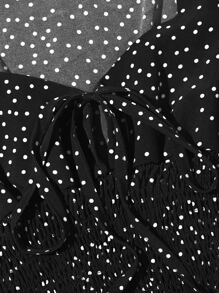 Breezaya Tie Front Frill Trim Shirred Polka Dot Top - Black - View 5