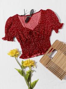 Breezaya Tie Front Frill Trim Shirred Polka Dot Top - Burgundy - View 1