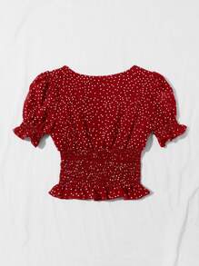 Breezaya Tie Front Frill Trim Shirred Polka Dot Top - Burgundy - View 2