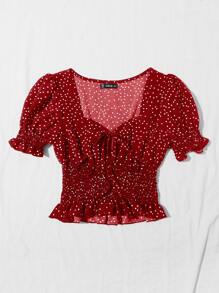 Breezaya Tie Front Frill Trim Shirred Polka Dot Top - Burgundy - View 3