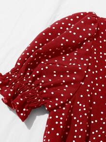 Breezaya Tie Front Frill Trim Shirred Polka Dot Top - Burgundy - View 5