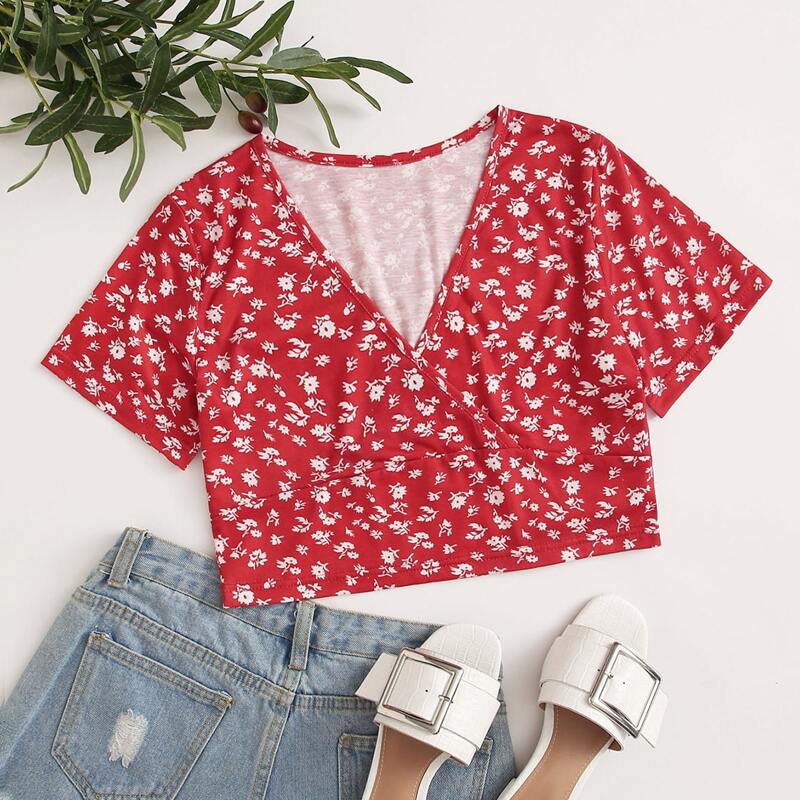 

Ditsy Floral Wrap Tee, Red