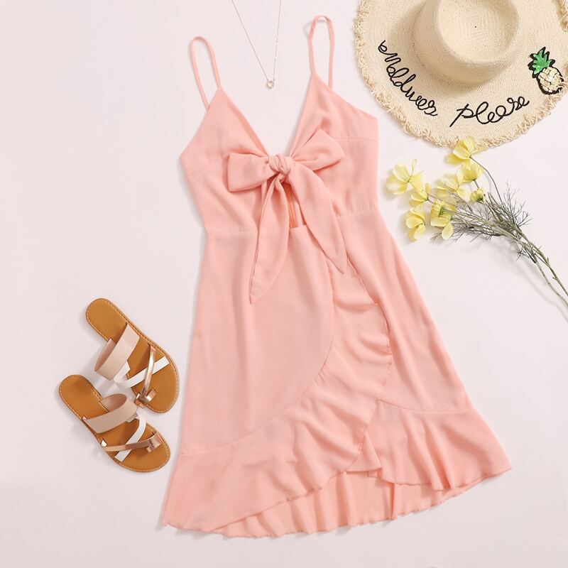 

Tie Front Warp Sundress, Baby pink