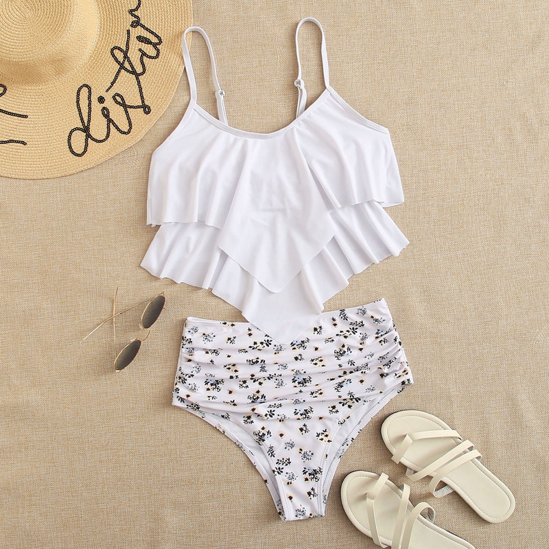 

Floral Hanky Hem High Waisted Bikini Swimsuit, White