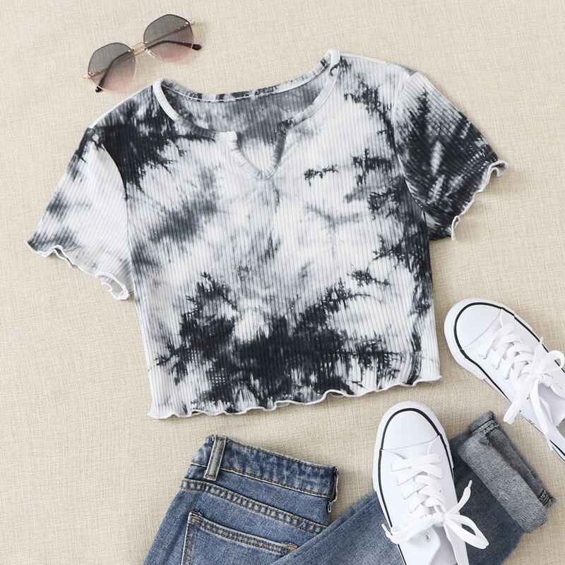

Tie Dye Ribbed Crop Tee, Black and white