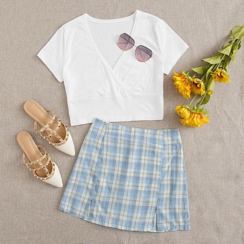 

Wrap Crop Top & Plaid Skirt, Multicolor