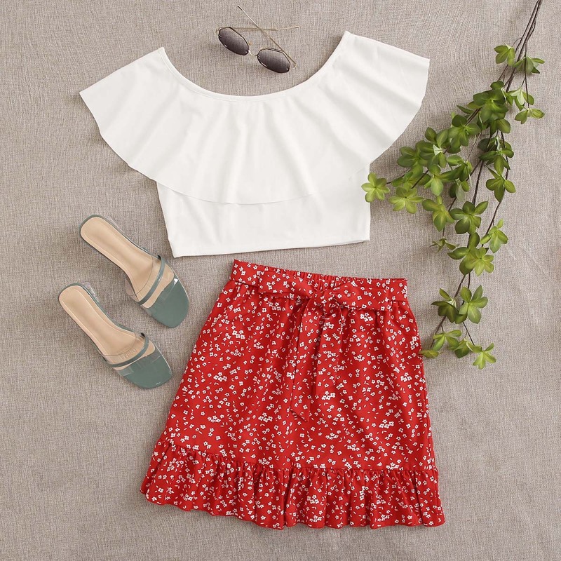 

Ruffle Crop Top & Ditsy Floral Skirt, Red and white