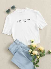 SHEIN Slogan Graphic Lettuce Edge Rib-knit Crop Tee - White - View 1