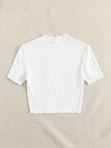 SHEIN Slogan Graphic Lettuce Edge Rib-knit Crop Tee - White - View 2