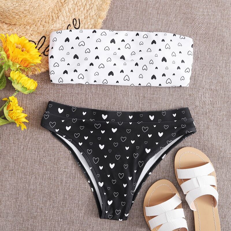 

Heart Print Bandeau Bikini Swimsuit, Black and white