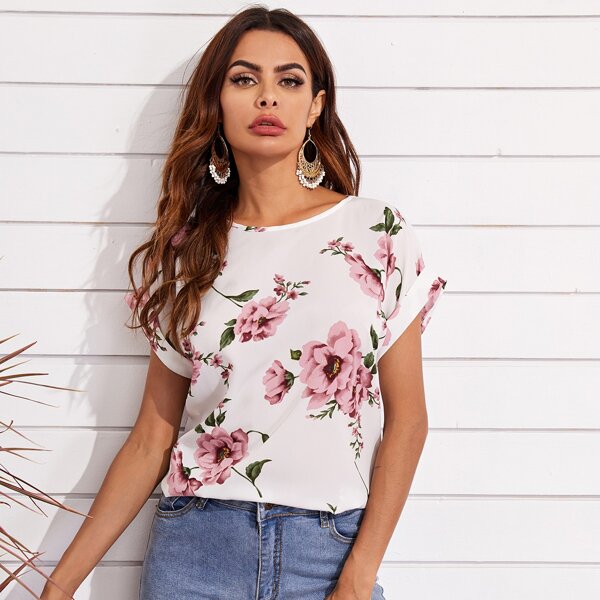 

Cuffed Sleeve Floral Print Top, White