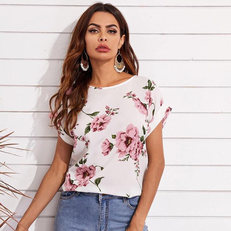 

Cuffed Sleeve Floral Print Top, White