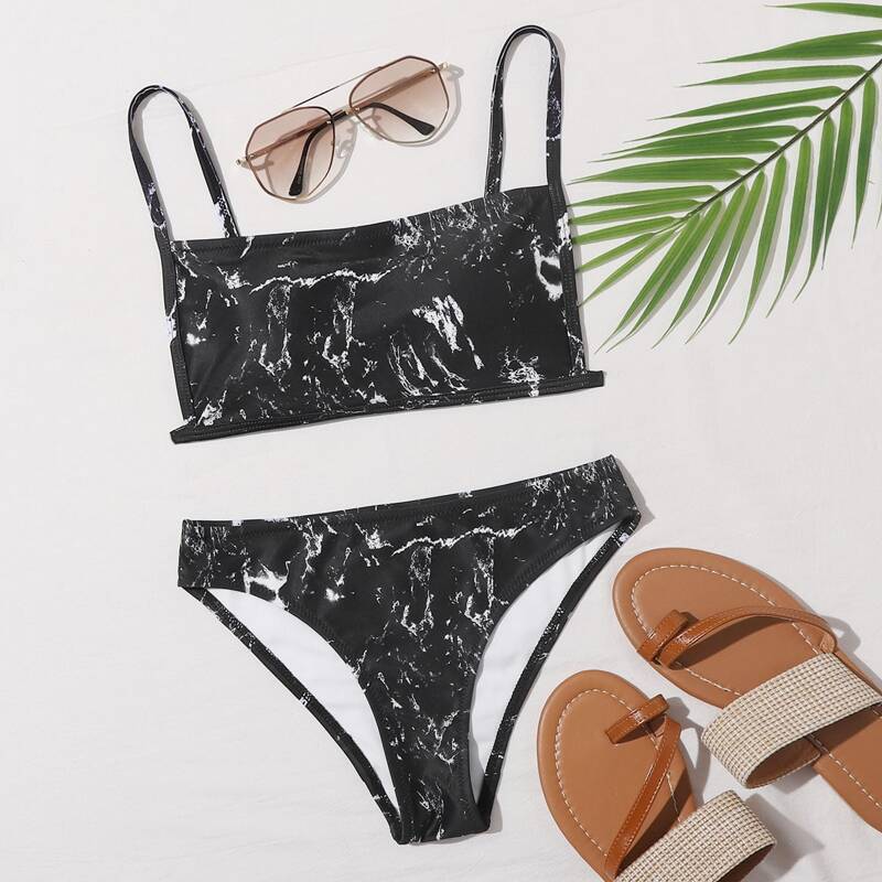 

Marble Print Bikini Swimsuit, Black