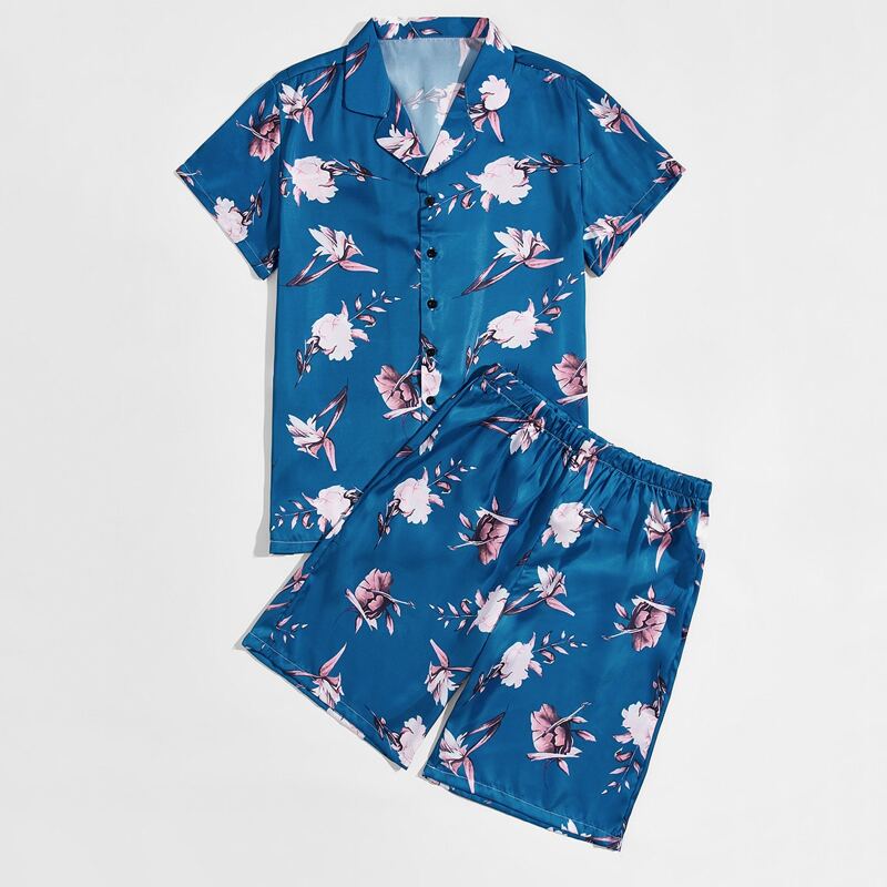 

Guys Lapel Neck Plants Print Shirt & Shorts PJ Set, Blue