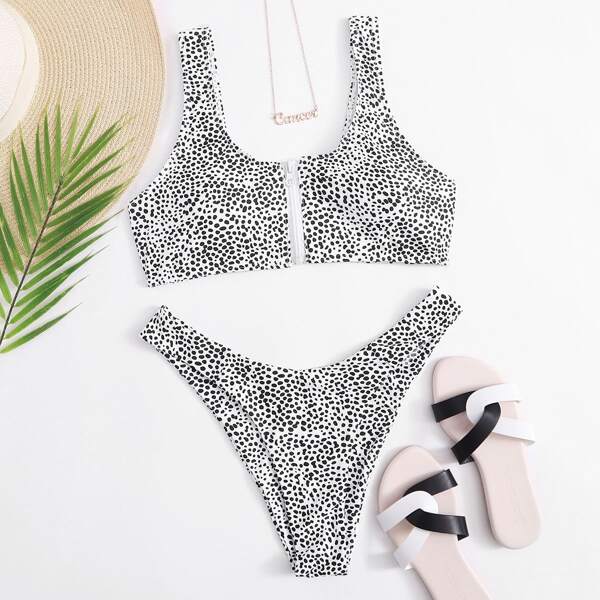 

Dalmatian Zip-front High Cut Bikini Swimsuit, Black and white
