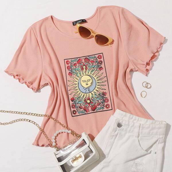 

Plus Lettuce Trim Rib-knit Graphic Tee, Dusty pink