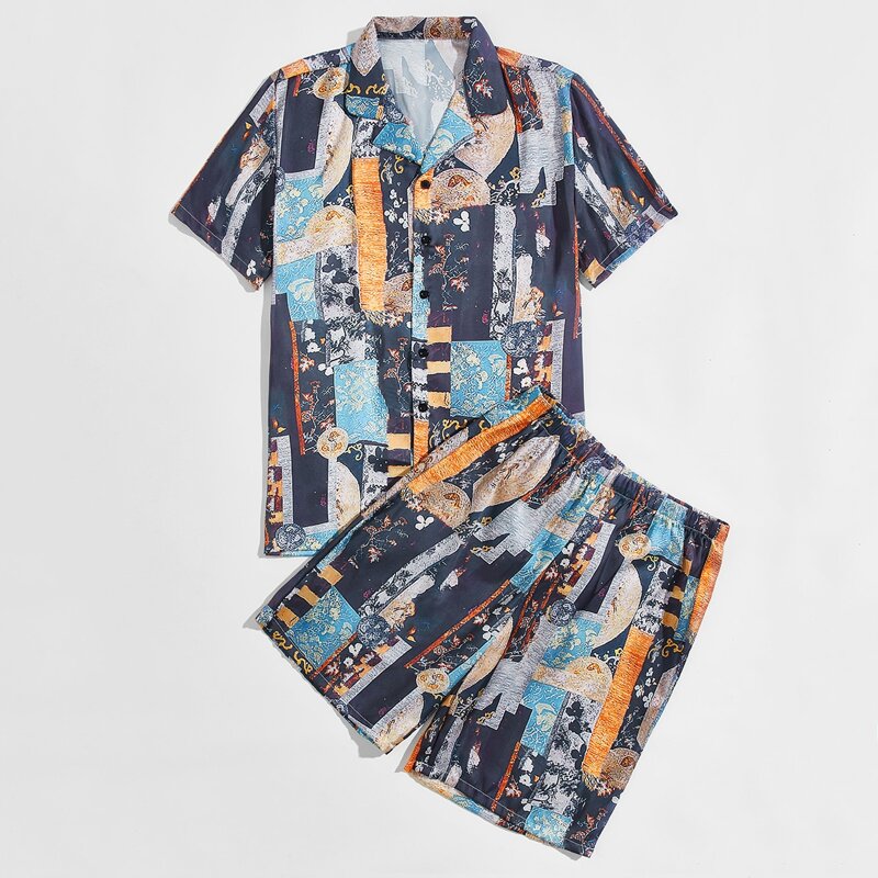 

Guys Scarf Print Lapel Neck Satin PJ Set, Multicolor