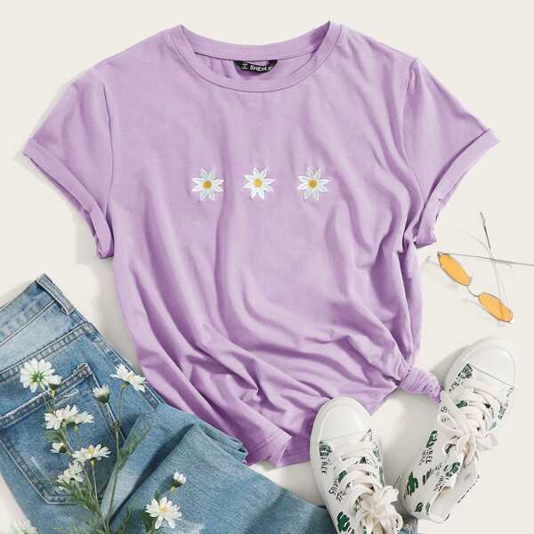 

Floral Embroidery Tee, Pastel lilac purple