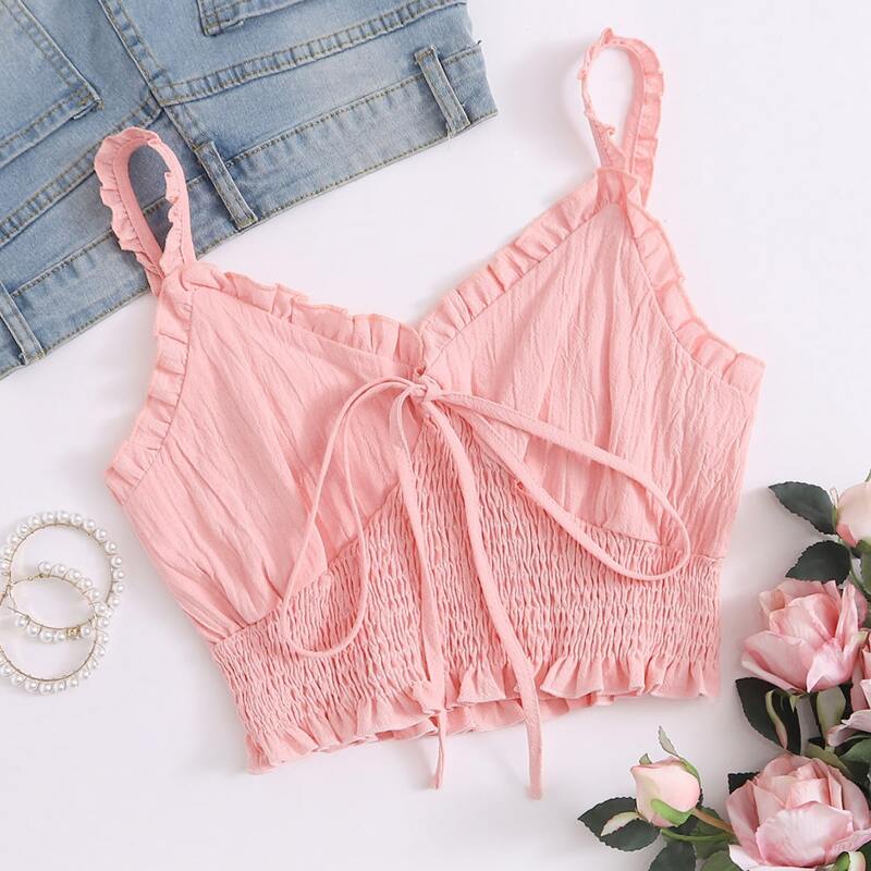 

Frill Tie Shirred Crop Top, Baby pink