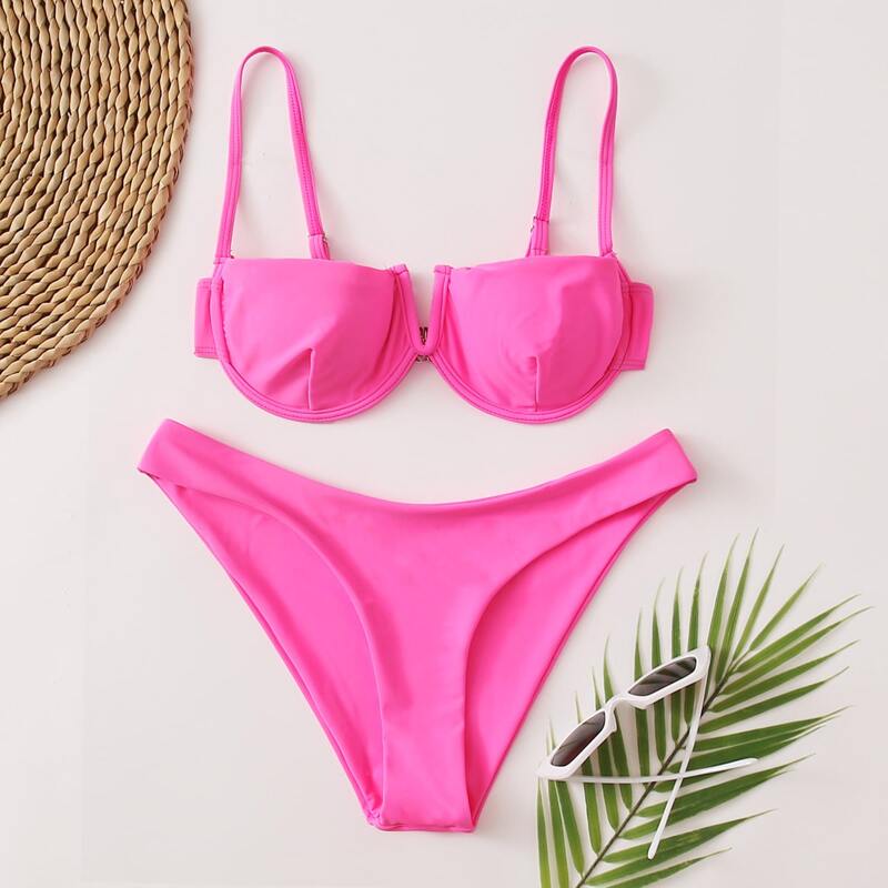

Neon Pink V Wired Bikini Swimsuit, Hot pink