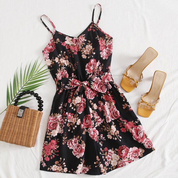 

Allover Floral Self Tie Cami Romper, Multicolor
