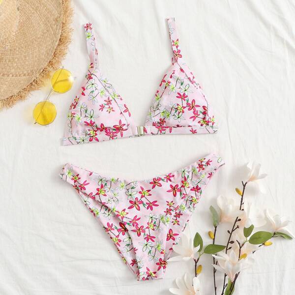 

Floral Triangle Bikini Swimsuit, Baby pink