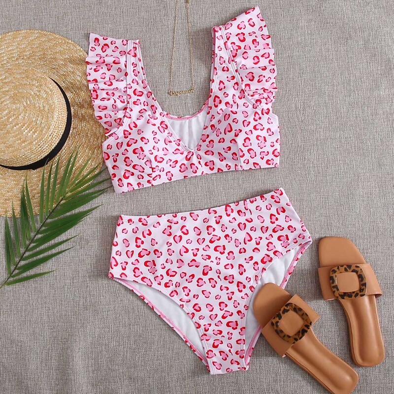 

Allover Print Ruffle Bikini Swimsuit, Pink