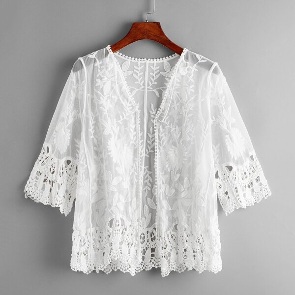 

Embroidered Mesh Sheer Kimono, White