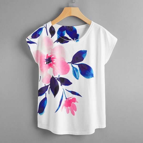 

Floral Print Batwing Sleeve Tee, White