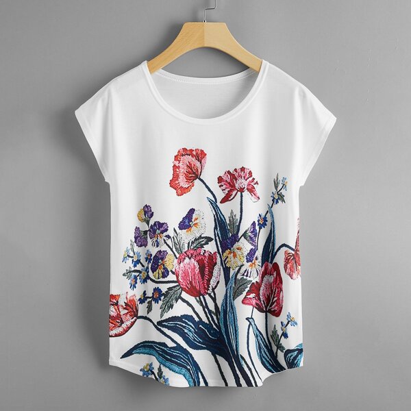 

Floral Print Batwing Sleeve Tee, White
