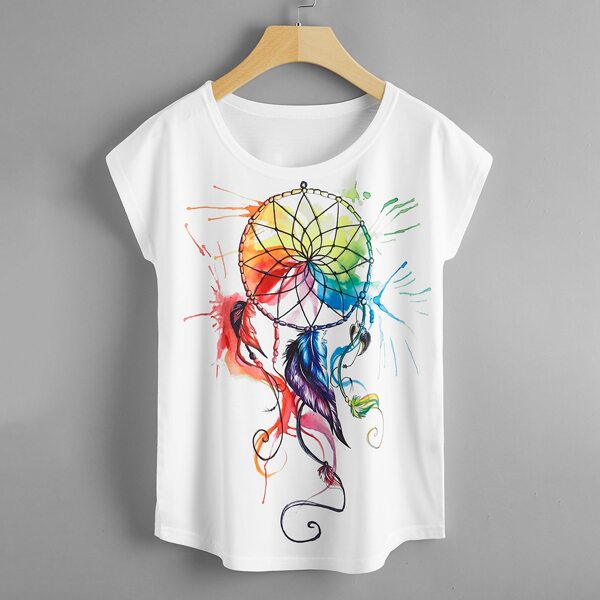 

Feather Print Batwing Sleeve Tee, White