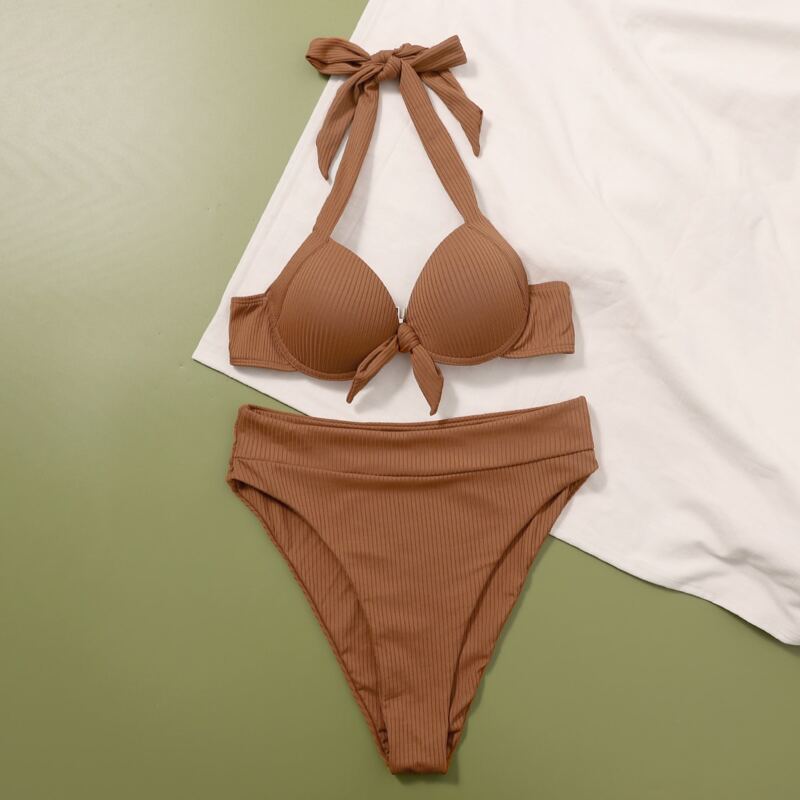 

Rib Push Up High Waisted Bikini Swimsuit, Brown