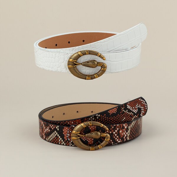

2pcs Croc Embossed Snake Shaped Buckle Belt, Multicolor