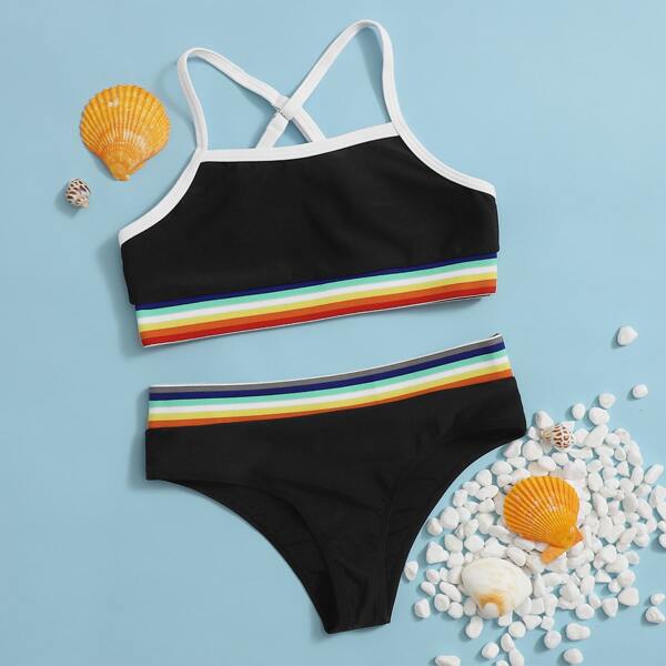 

Girls Random Rainbow Stripe Trim Bikini Swimsuit, Black
