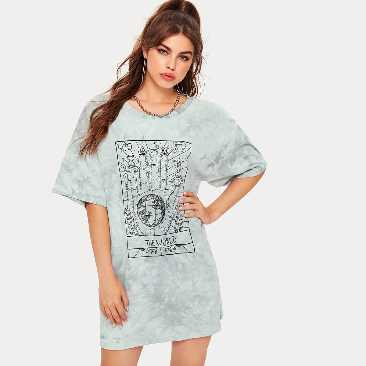 

Earth Graphic Tie Dye Tee Dress, Light grey